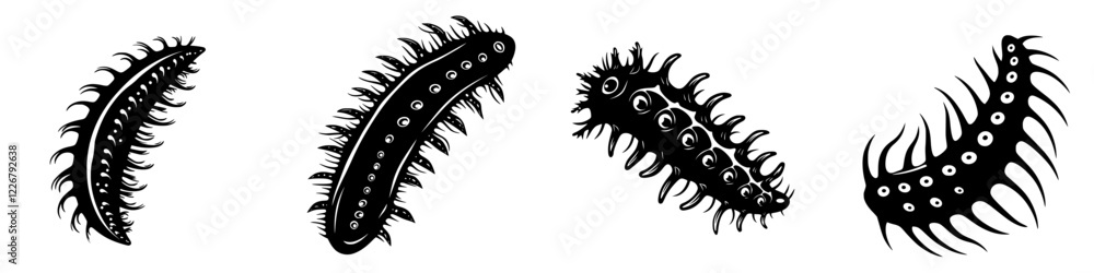 Poster conceptual designs of abstract microorganisms with diverse textures and shapes, emphasizing creativi