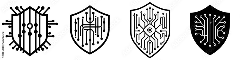 Poster creative designs of modern shields featuring circuit patterns in various styles and colors