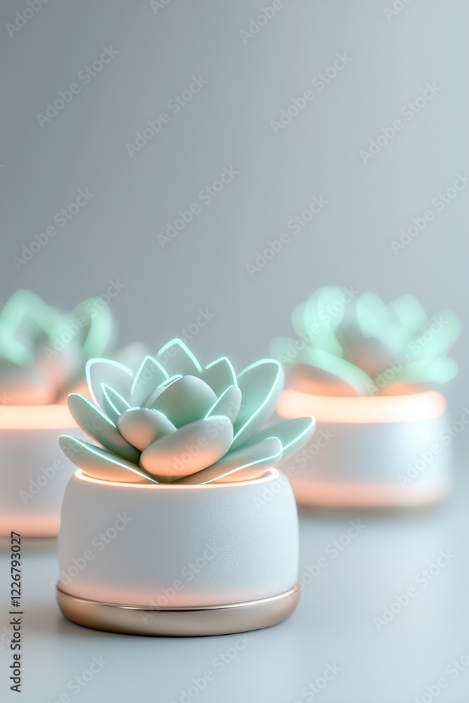 Poster succulents are showcased in elegant minimalistic pots that emit a soft glow, creating a calming atmo