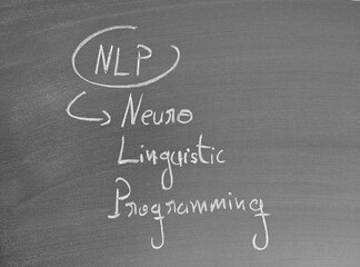 NLP neuro linguistic programming written on a blackboard in chalk as an educational concept