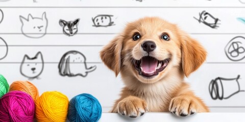 Plakat Dog is smiling and looking at the camera. The background has a lot of drawings of animals, including cats and dogs