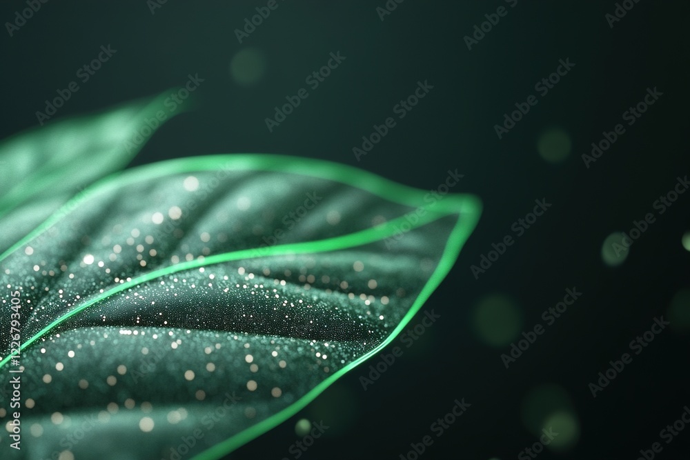 Aufkleber a leaf glows with vibrant neon green edges, while fine particles of dust shimmer around it in a dark