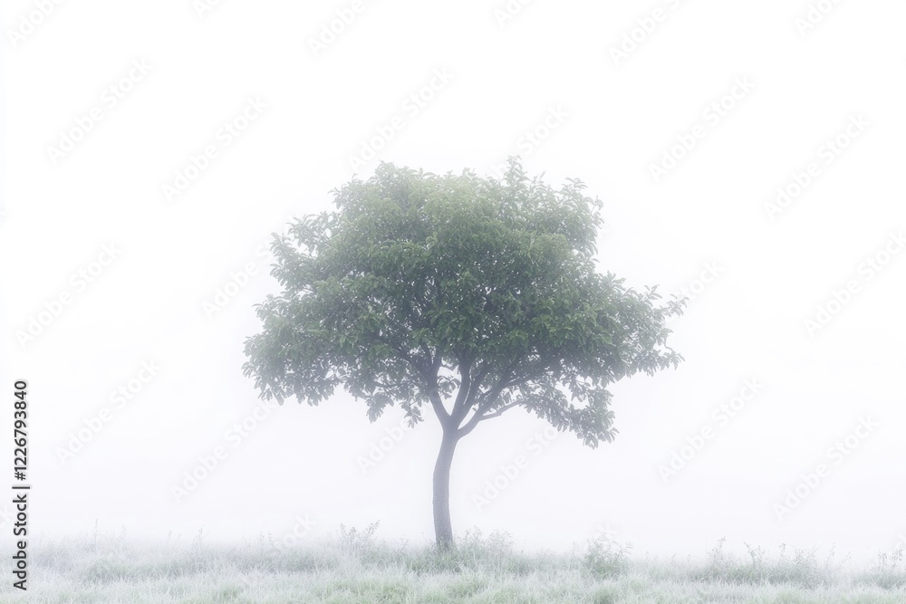 Poster a single tree stands out in a misty open field
