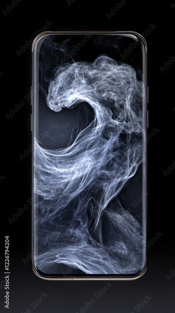 Poster a front view of an smartphone with a black background. the screen is made up of smoke that forms a d