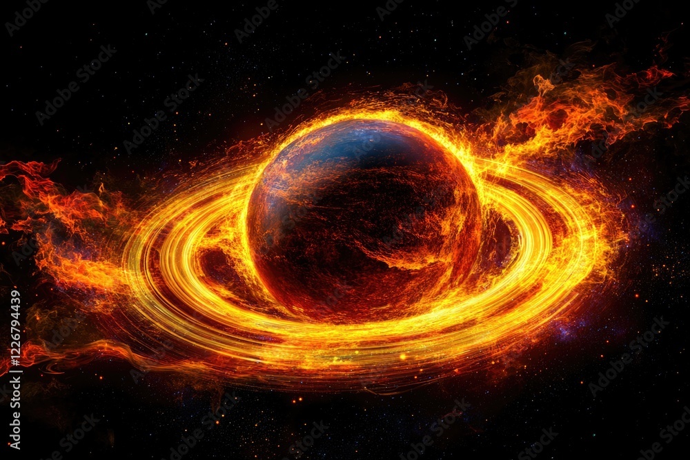 Poster a stunning image of a planet surrounded by a fiery ring, perfect for use in sci-fi and fantasy conte