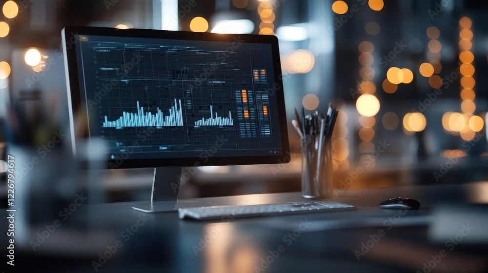 Poster Modern Computer Setup Displaying Data Analytics in a Bright Office