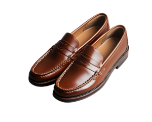 A pair of brown leather shoes neatly placed on a smooth gray background, highlighting their rich texture