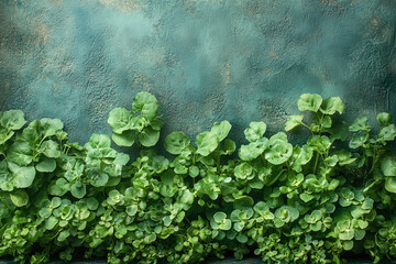 Lush Green Plants Against a Teal Textured Wall