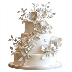 Elegant Three-Tier Wedding Cake with Intricate White Floral Decorations and Leaf Accents