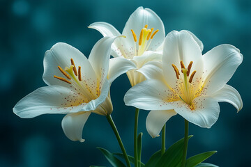Fototapeta premium Three Elegant White Lilies Gracefully Bloom