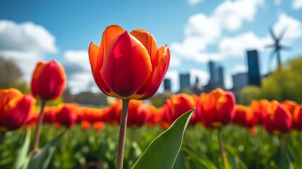 Obraz premium Field of red tulips with a city in the background. The flowers are in full bloom and the sky is clear