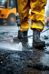 Worker cleaning asphalt with high pressure water jet wearing yellow protective clothing and boots