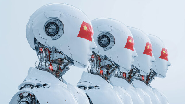 Robots with Chinese flag designs on their visors stand in futuristic lineup