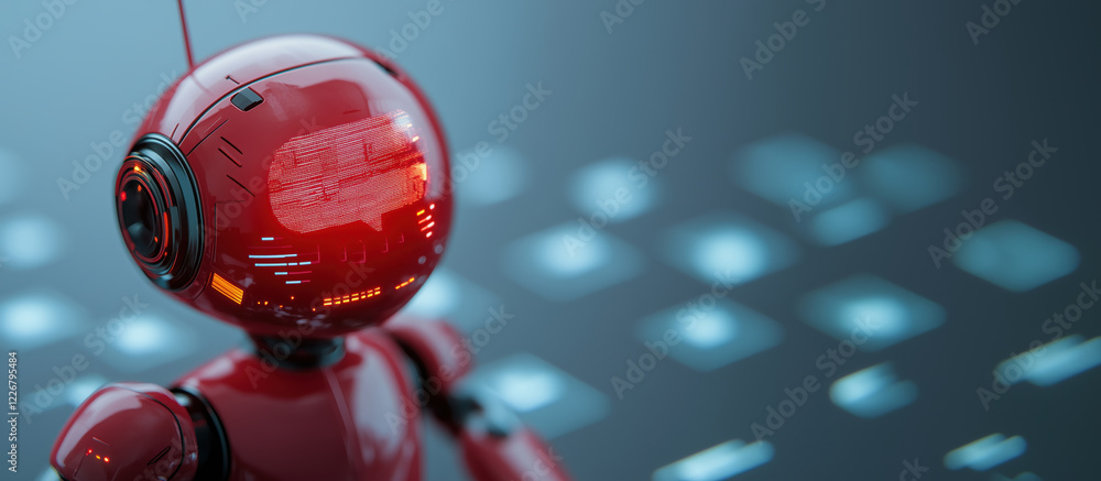 Poster futuristic red robot with glowing digital face in high tech environment
