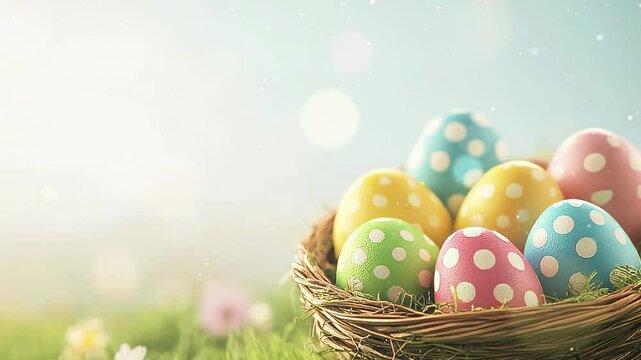 Basket of easter eggs on green grass