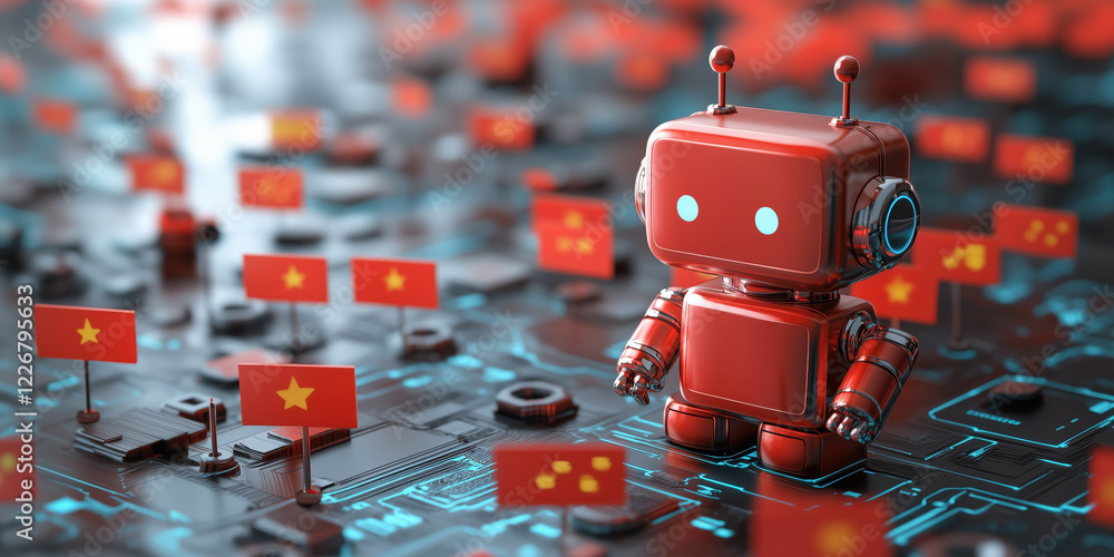 Poster red china ai robot with holographic speech bubble and chinese flags on digital circuit