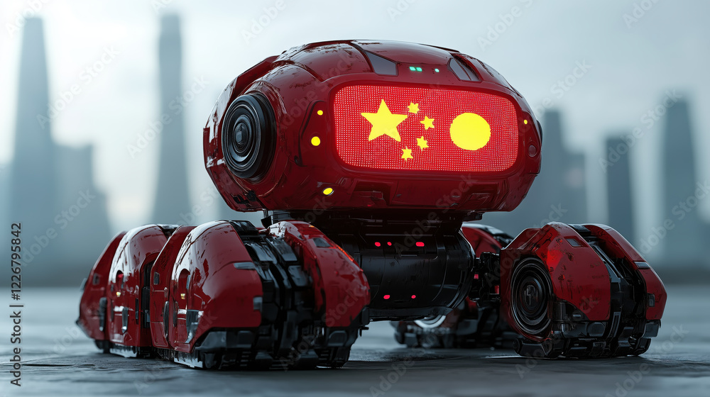 Aufkleber red ai robot with holographic display featuring chinese flag in futuristic cityscape