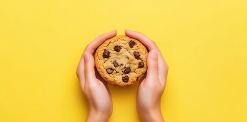 Hands holding a cookie with a gooey center, capturing the delightful moment of indulgence and sweetness.