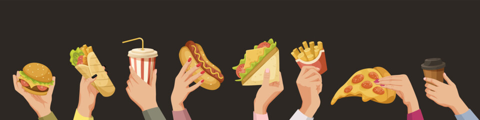 Various hands holding fast food items like burgers, pizza, fries, drinks, and hot dogs on a black background. Food choice concept. Vector illustration © GN.STUDIO