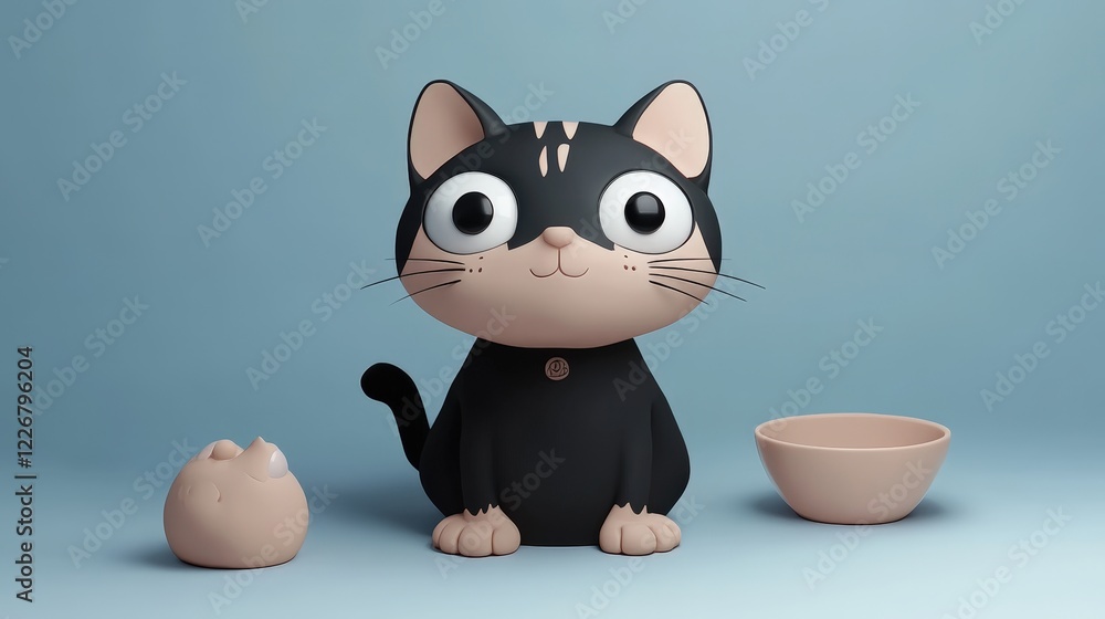 Poster charming black cat character with playful expression and soft colors