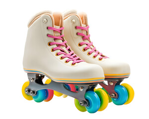 A pair of classic roller skates with white boots and colorful wheels, isolated on a white background