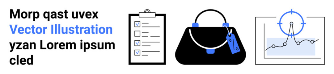 Clipboard with checklist, black handbag with tag, and data analytics chart. Ideal for project workflow, task management, shopping plans, business tools, marketing strategy, data analysis flat