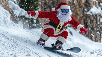 Naklejka premium A jolly old man in Santa's suit is enjoying the snowy terrain on his snowboard, taking a fun ride down the hill