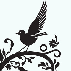 This is a black and white silhouette image of a bird perched on a branch. The bird is facing to the left, with its wing lifted as if it's about to take flight or is in the middle of flapping.