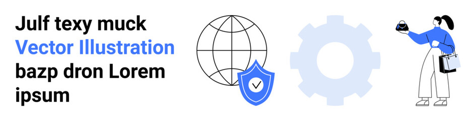 Globe with shield highlighting cybersecurity, cogwheel for settings, and person analyzing data. Ideal for technology, cybersecurity, user experience, global data, analytics, systems flat landing