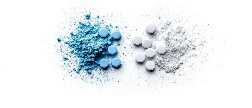Intriguing display of blue and white tablets with powder evokes medical innovation and healthcare solutions
