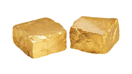 Two Gleaming Gold Ingots Shining Brightly Against a Clean White Background for Finance and Luxury Themed Imagery