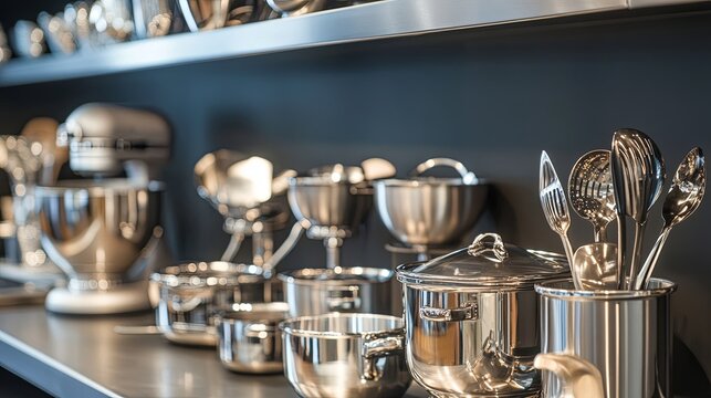 A bright product display of professional kitchen mixers and stainless steel cookware. digital