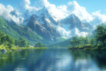 Serene Mountain Lake and Snowcapped Peaks