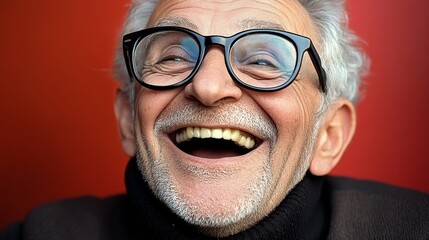 Man with glasses is smiling and laughing. He has a white smile and his eyes are closed