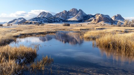 Fototapeta premium Mountain reflection in winter wetland, sunrise