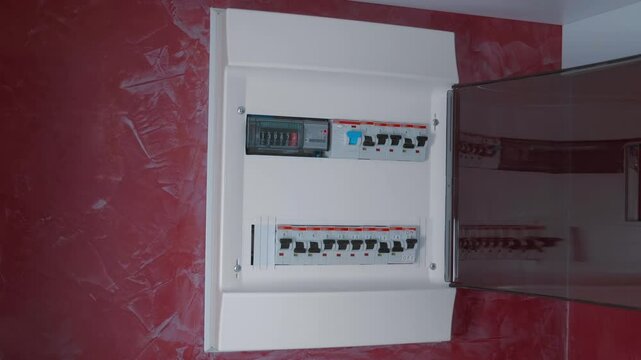 A man opens the home white electrical distribution board with mechanical electricity meter, rows of switches and, rows of switches and residual current device (RCD). Shot in motion