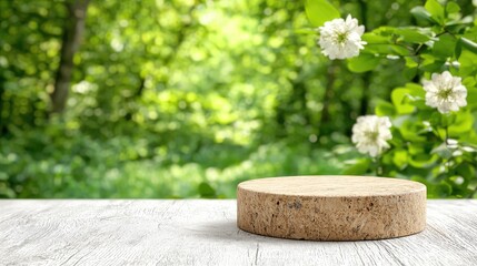 Spring cork display stand, forest background, product placement, nature scene