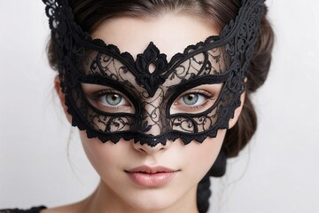 Fototapeta premium Graceful Woman in a Black Lace Venetian Mask – Photorealistic Close-Up