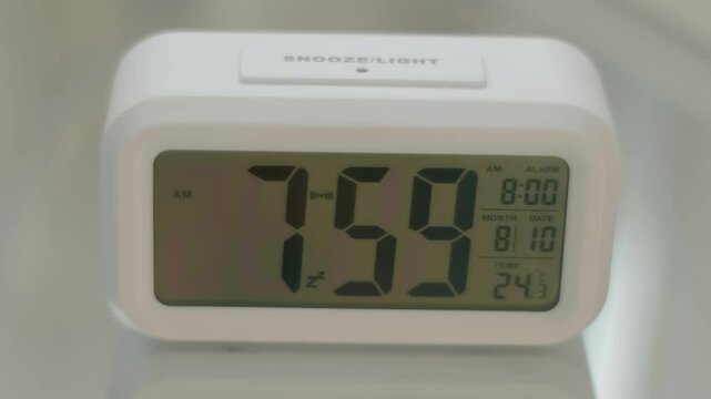 In the bedroom, on a bedside table, a white rectangular digital clock with a liquid crystal display gives an alarm signal and a man's hand stops the annoying sound. Closeup