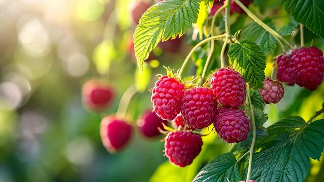 Raspberry. Big ripe raspberries cluster on a blurred green background. Red sweet berries growing on raspberry bush in fruit garden in nature. Many crimson fresh raspberries. Abundance. Summer Harvest.