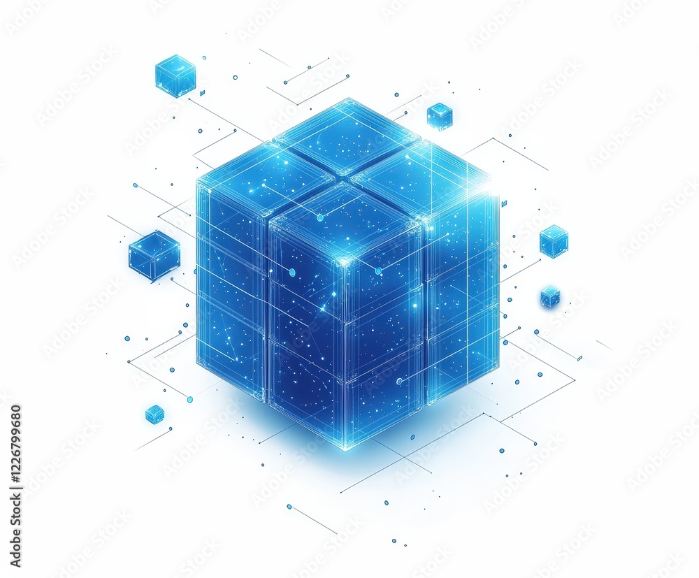 Poster shimmering blue digital cube surrounded by floating particles