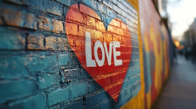 Naklejki Colorful heart mural expressing love on a city wall during golden hour
