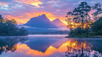 Fototapeta premium Sunrise over mountains reflected in foggy lake.
