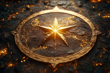 Golden Compass Star Emblazoned on Dark Stone