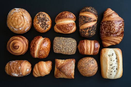 Assorted baked goods, dark background, overhead, bakery menu - Powered by Adobe