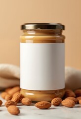 Peanut, almond, nut butter jar mockup with blank label. Closeup