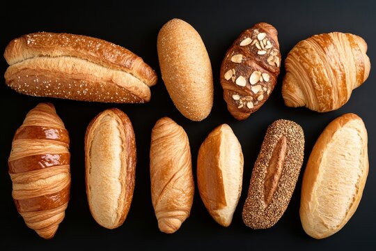 Assorted baked goods overhead shot, dark background, bakery menu