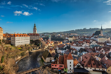 Fototapeta premium Panoramic View of Cesky Krumlov with Castle and River 