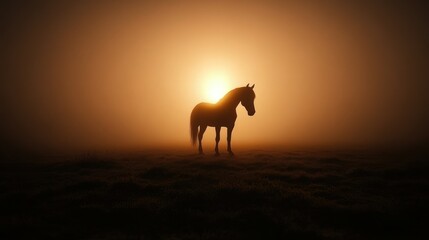 Majestic horse silhouetted at sunrise, foggy field, peaceful scene