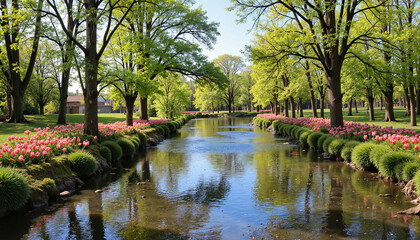 Fototapeta premium Serene river with blooming tulips and lush trees